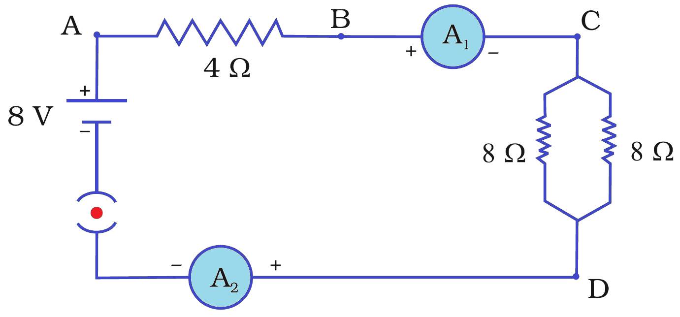 A combination circuit with one resistor in series and two in parallel.