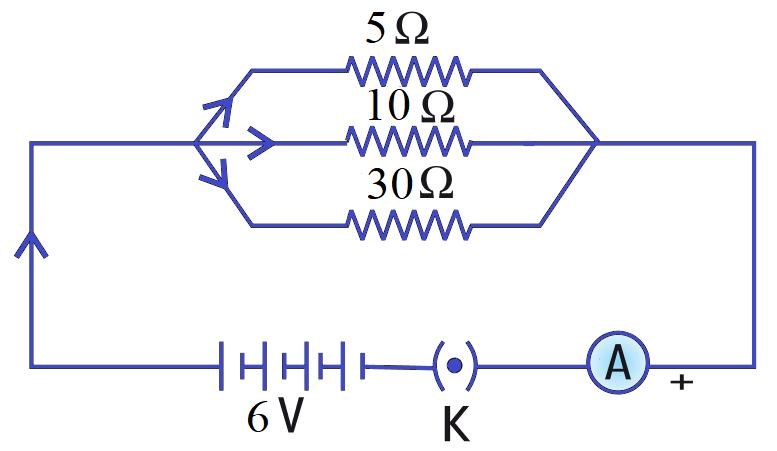 A parallel circuit with three resistors (5, 10, and 30 ohm) connected to a 6V battery.
