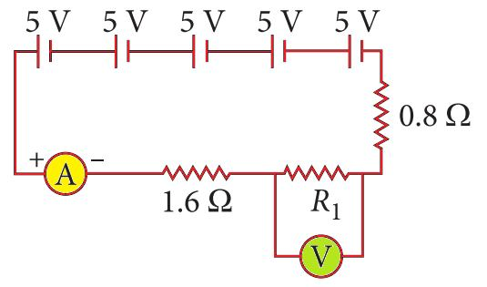 A series circuit diagram with multiple cells and resistors.