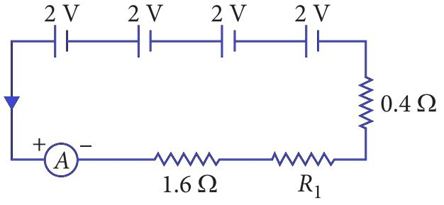 A simple series circuit with four cells, an ammeter, and three resistors.