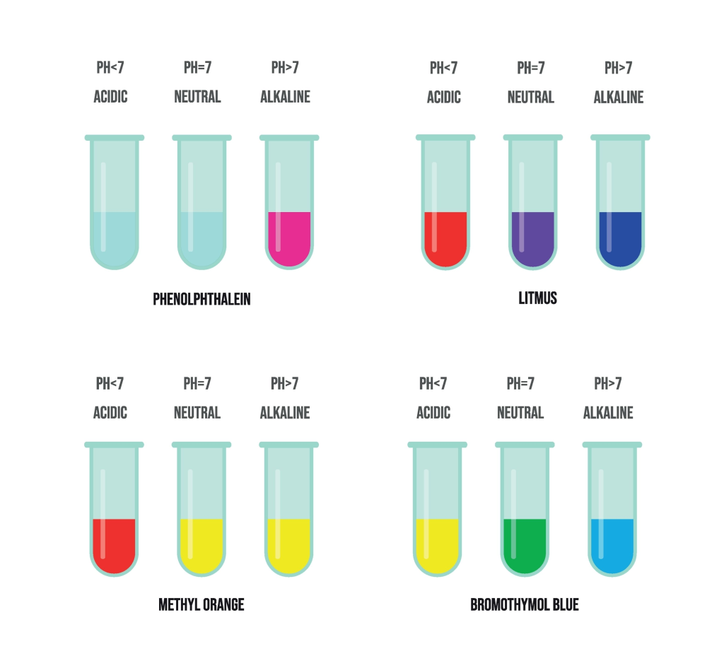 Color changes of various acid-base indicators like litmus and methyl orange.