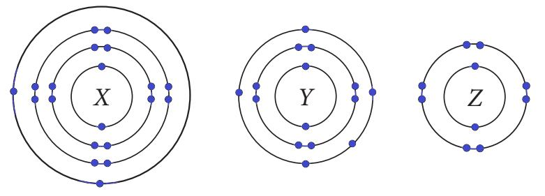 Electron shell diagrams for three elements X, Y, and Z.