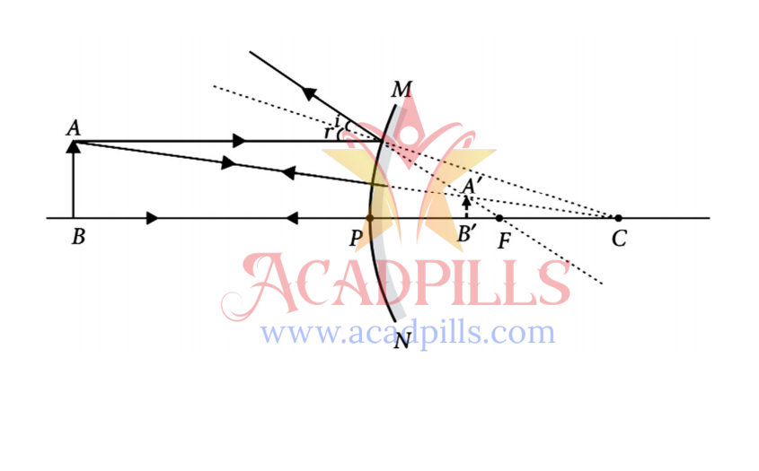 Ray diagram for a convex mirror showing a diminished, virtual image.